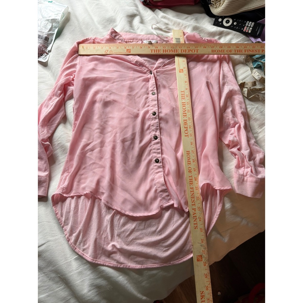 Candies Womens Pink Lace Back Roll Tab Sleeve High Low Button Front Blouse Large